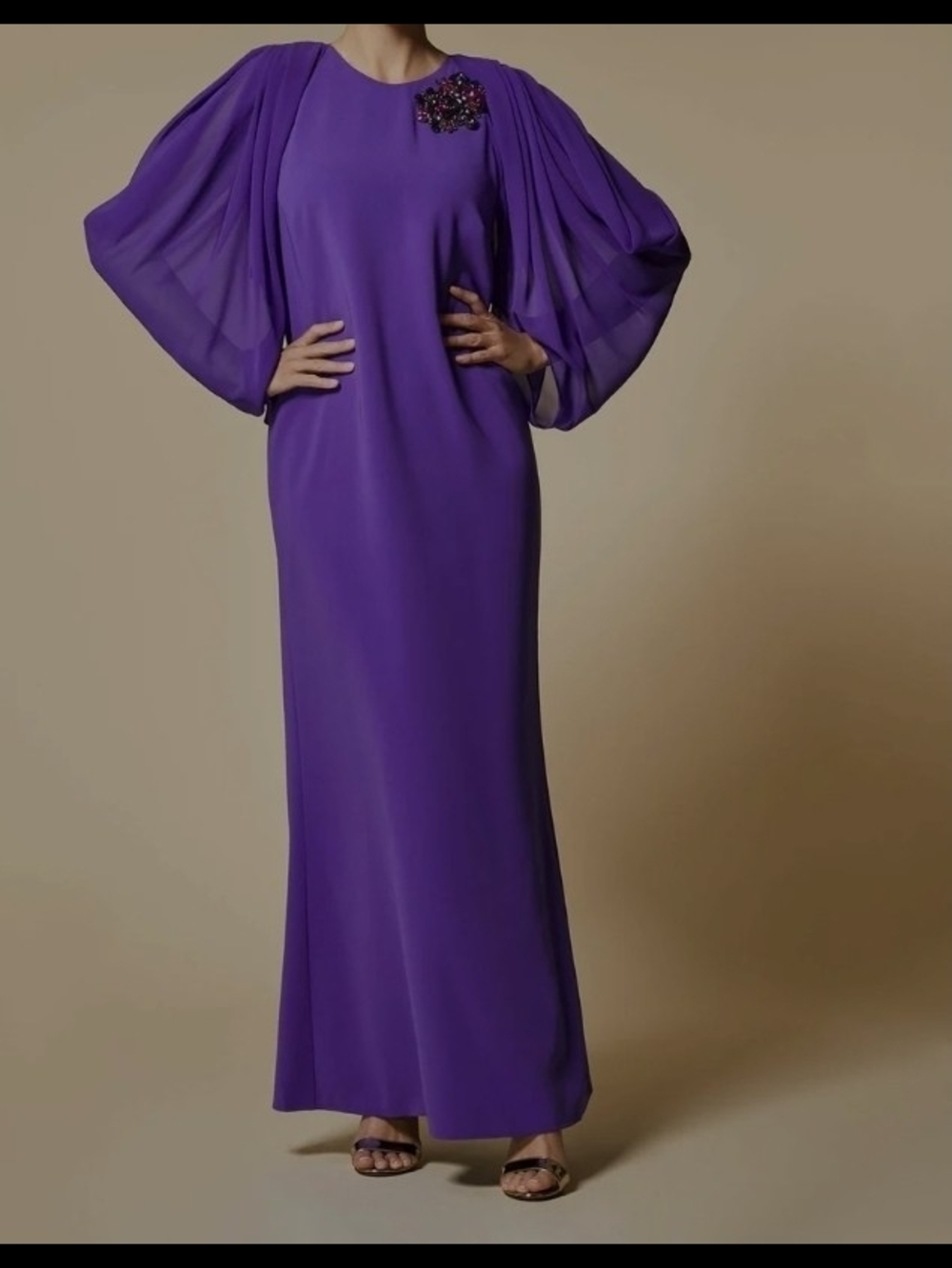 Marina Rinaldi Violet Maxi Dress with Sheer Batwing Sleeves